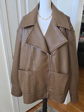 ASHLEY GRAHAM BRAND WOMENS PLUS SIZE BROWN FAUX LEATHER ZIP FRONT JACKET SIZE 1X